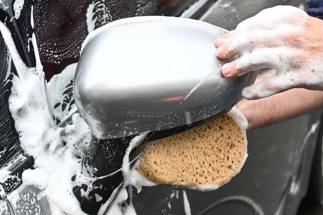 A series of shots of individual car parts being washed using Auto Lucent car products.
